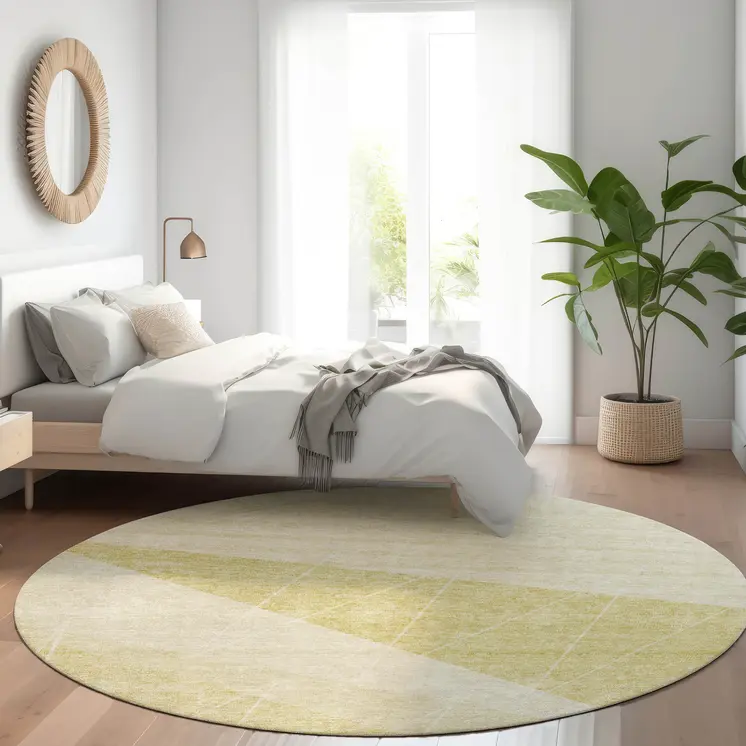 8' Wheat Gold And Ivory Round Geometric Washable Indoor Outdoor Area Rug