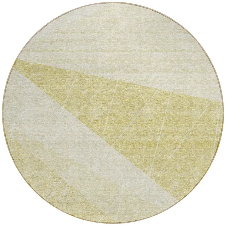 8' Wheat Gold And Ivory Round Geometric Washable Indoor Outdoor Area Rug