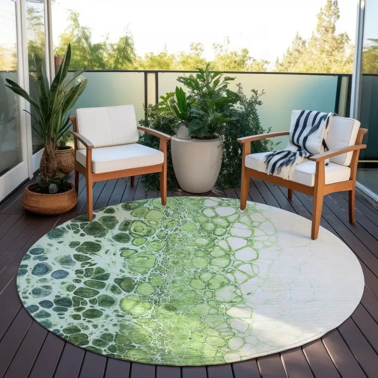 8' Green And Mint Green Round Abstract Washable Indoor Outdoor Area Rug