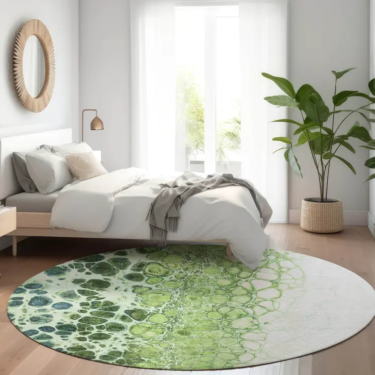8' Green And Mint Green Round Abstract Washable Indoor Outdoor Area Rug