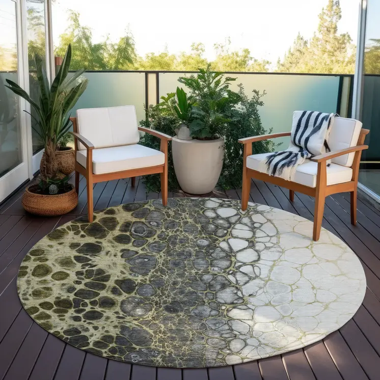 8' Beige Taupe And Chocolate Round Abstract Washable Indoor Outdoor Area Rug