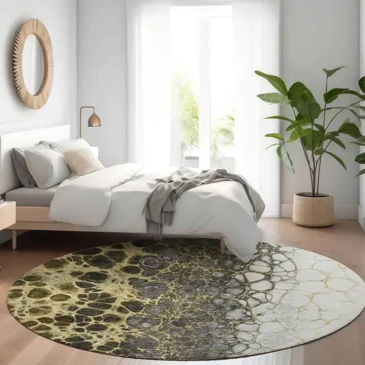8' Beige Taupe And Chocolate Round Abstract Washable Indoor Outdoor Area Rug