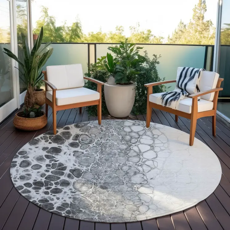 8' Gray Silver And Charcoal Round Abstract Washable Indoor Outdoor Area Rug