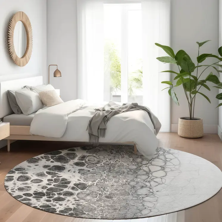 8' Gray Silver And Charcoal Round Abstract Washable Indoor Outdoor Area Rug