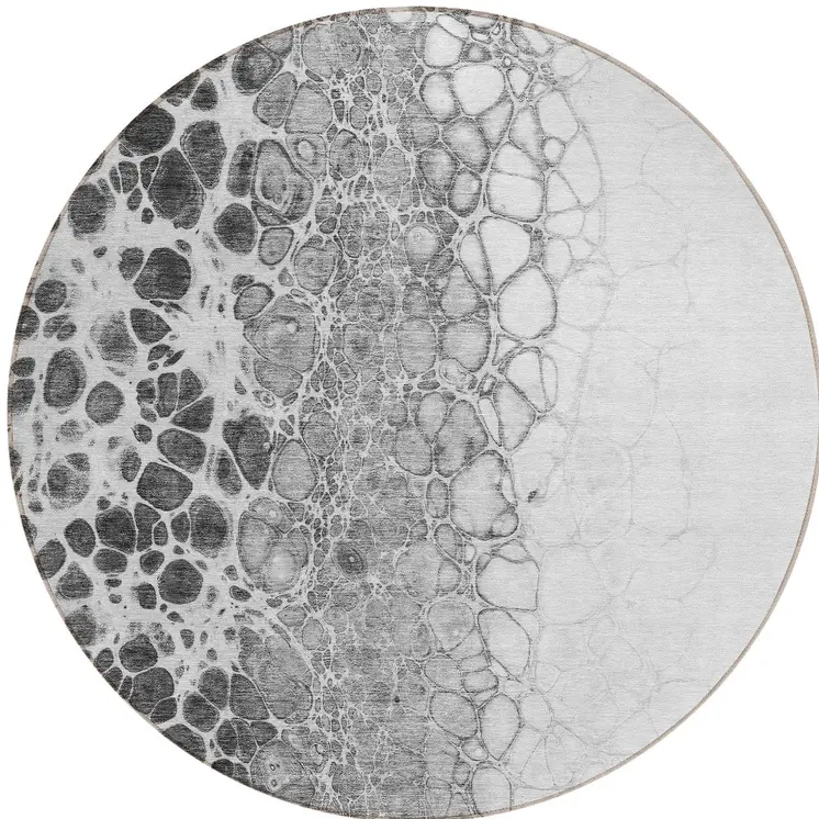 8' Gray Silver And Charcoal Round Abstract Washable Indoor Outdoor Area Rug