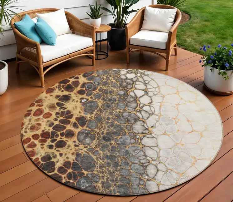 8' Ivory Gray And Gold Round Abstract Washable Indoor Outdoor Area Rug