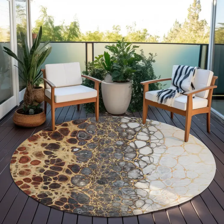 8' Ivory Gray And Gold Round Abstract Washable Indoor Outdoor Area Rug