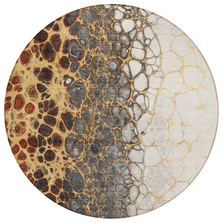 8' Ivory Gray And Gold Round Abstract Washable Indoor Outdoor Area Rug