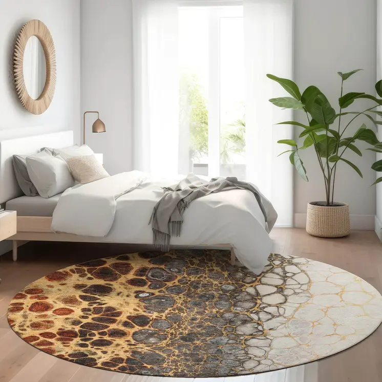 8' Ivory Gray And Gold Round Abstract Washable Indoor Outdoor Area Rug