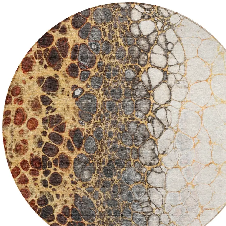 8' Ivory Gray And Gold Round Abstract Washable Indoor Outdoor Area Rug
