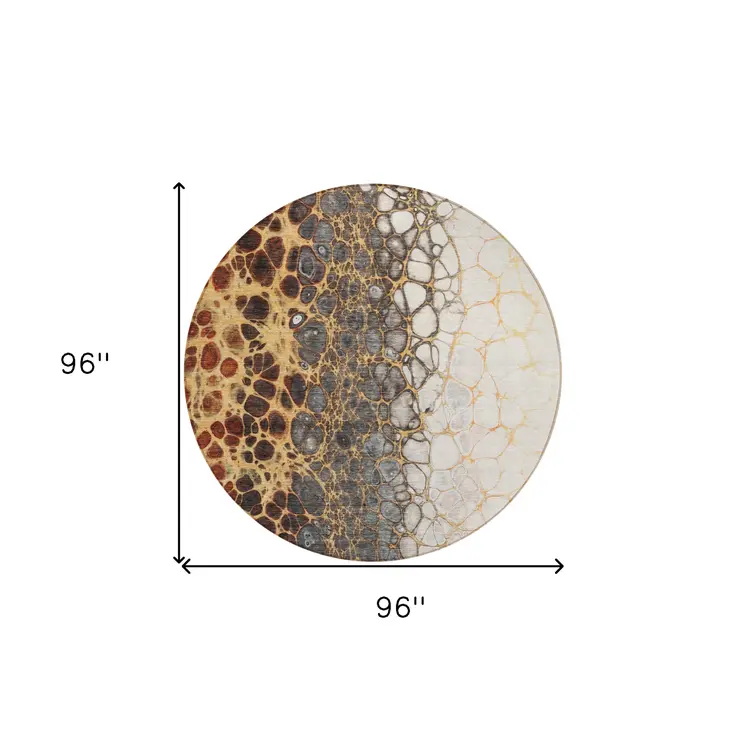 8' Ivory Gray And Gold Round Abstract Washable Indoor Outdoor Area Rug
