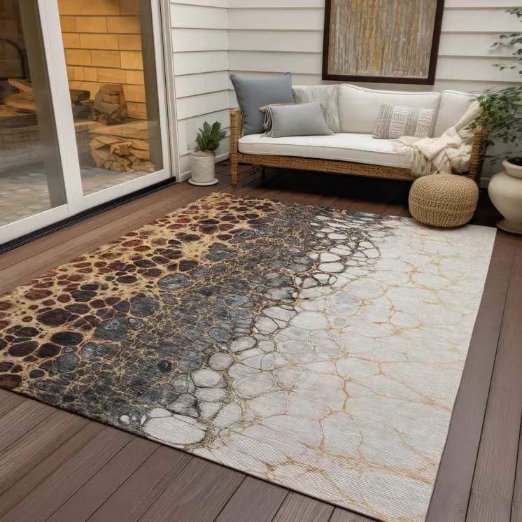 10' X 14' Ivory Gray And Gold Abstract Washable Indoor Outdoor Area Rug