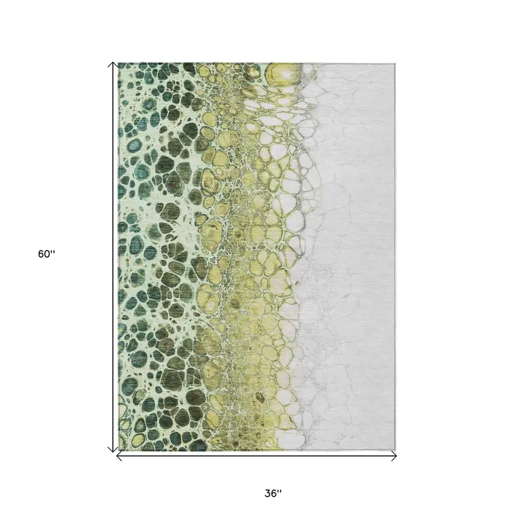 3' X 5' Olive Green And Gold Abstract Washable Indoor Outdoor Area Rug