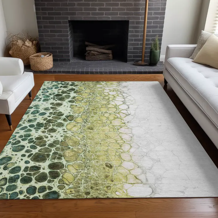5' X 8' Olive Green And Gold Abstract Washable Indoor Outdoor Area Rug
