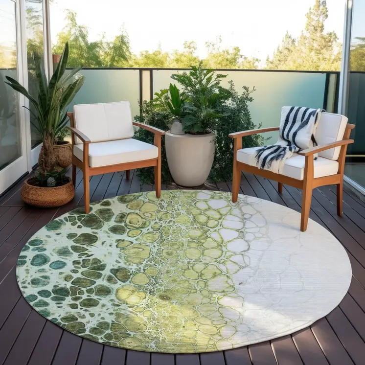 8' Olive Green And Gold Round Abstract Washable Indoor Outdoor Area Rug