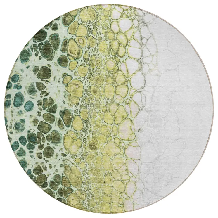 8' Olive Green And Gold Round Abstract Washable Indoor Outdoor Area Rug