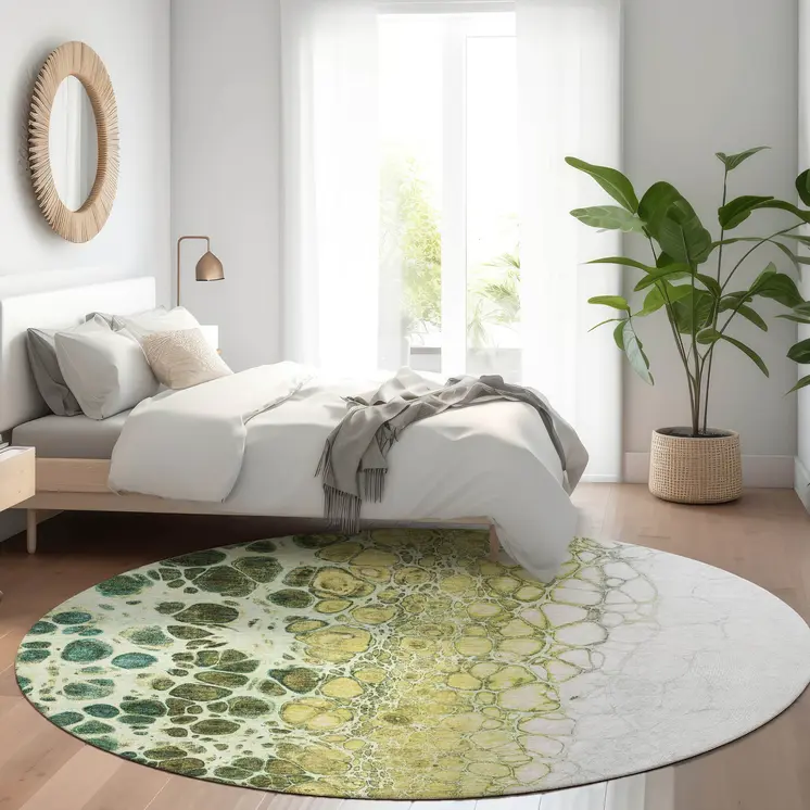 8' Olive Green And Gold Round Abstract Washable Indoor Outdoor Area Rug