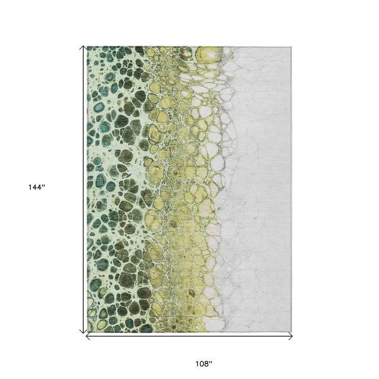9' X 12' Olive Green And Gold Abstract Washable Indoor Outdoor Area Rug