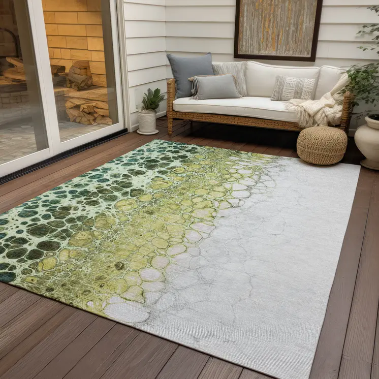 9' X 12' Olive Green And Gold Abstract Washable Indoor Outdoor Area Rug