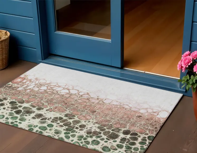 3' X 5' Salmon Green And Chocolate Abstract Washable Indoor Outdoor Area Rug