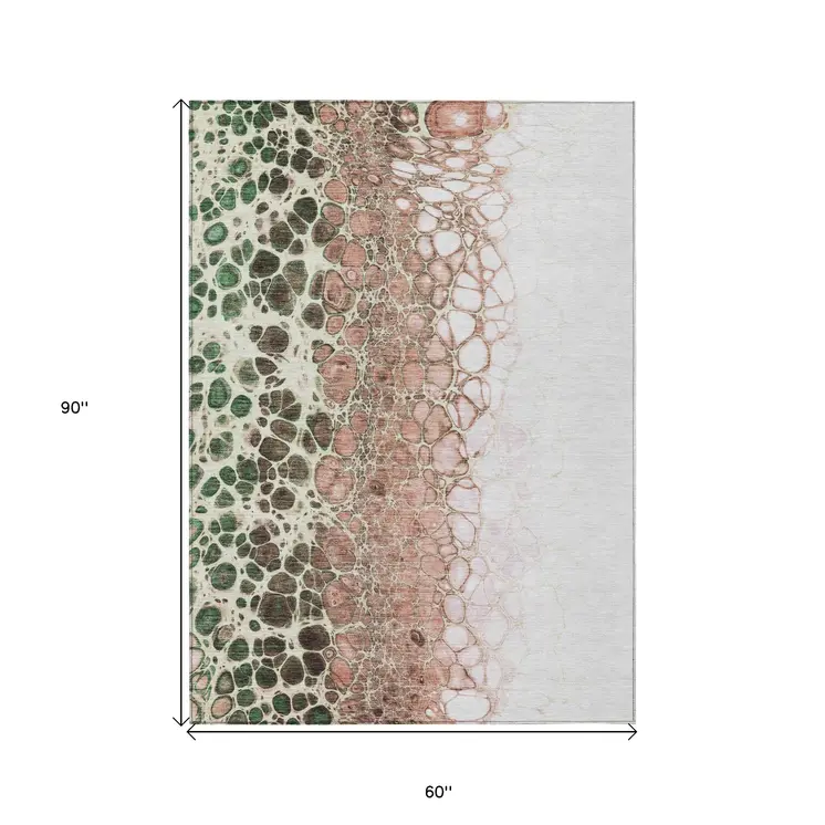 5' X 8' Salmon Green And Chocolate Abstract Washable Indoor Outdoor Area Rug