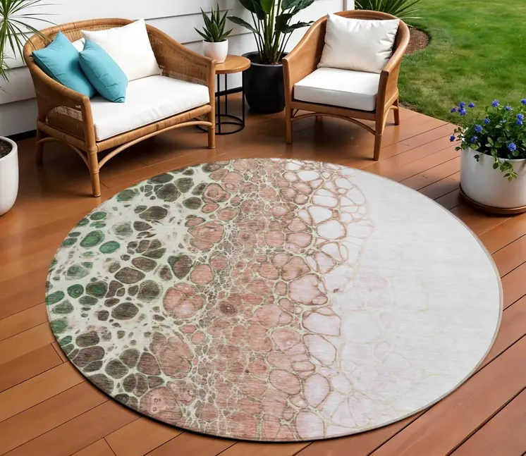8' Salmon Green And Chocolate Round Abstract Washable Indoor Outdoor Area Rug
