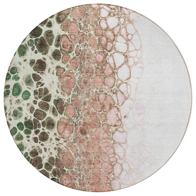 8' Salmon Green And Chocolate Round Abstract Washable Indoor Outdoor Area Rug