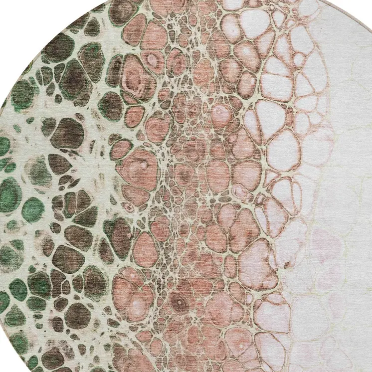 8' Salmon Green And Chocolate Round Abstract Washable Indoor Outdoor Area Rug