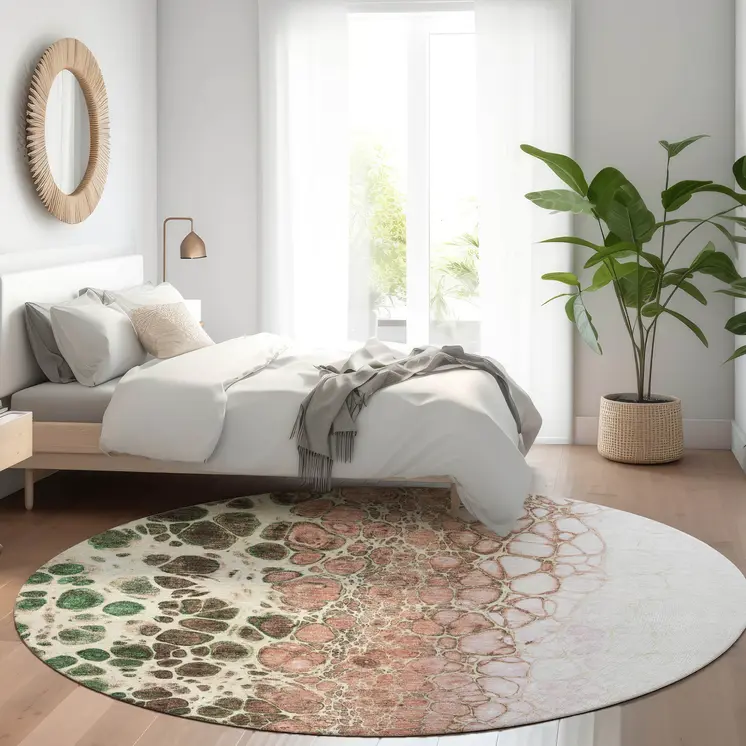 8' Salmon Green And Chocolate Round Abstract Washable Indoor Outdoor Area Rug