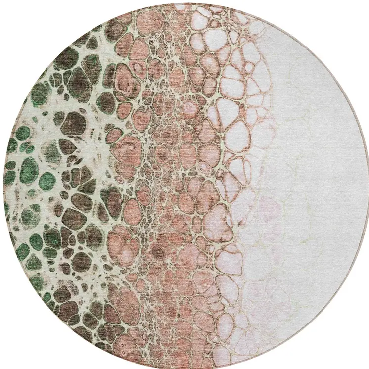 8' Salmon Green And Chocolate Round Abstract Washable Indoor Outdoor Area Rug