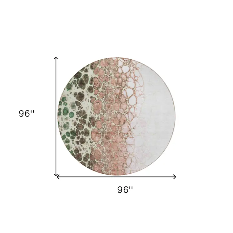 8' Salmon Green And Chocolate Round Abstract Washable Indoor Outdoor Area Rug