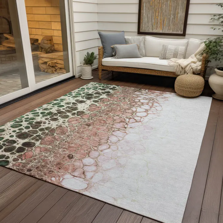 8' X 10' Salmon Green And Chocolate Abstract Washable Indoor Outdoor Area Rug