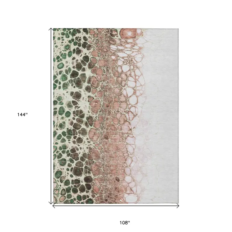 9' X 12' Salmon Green And Chocolate Abstract Washable Indoor Outdoor Area Rug