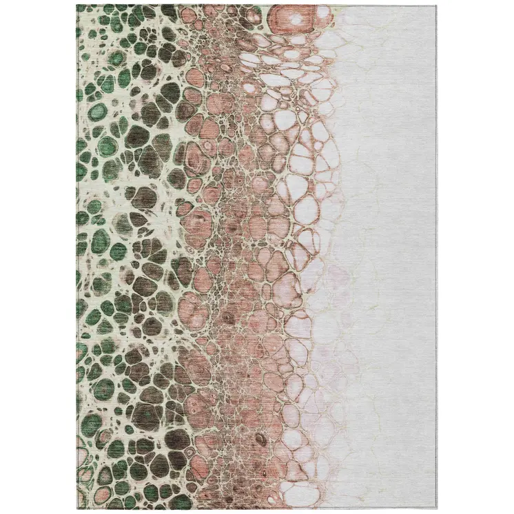 9' X 12' Salmon Green And Chocolate Abstract Washable Indoor Outdoor Area Rug