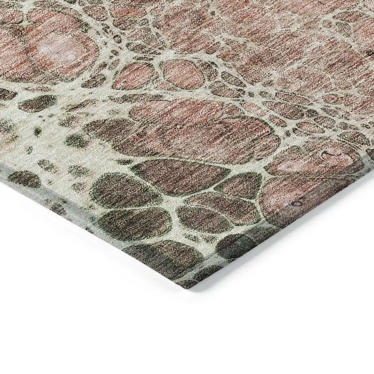 9' X 12' Salmon Green And Chocolate Abstract Washable Indoor Outdoor Area Rug