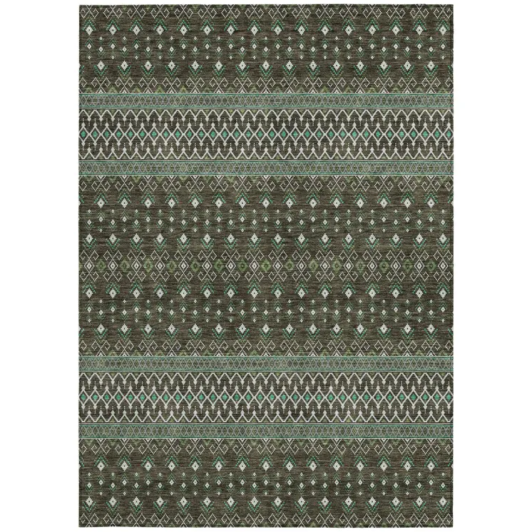 3' X 5' Brown Green And Olive Green Tribal Washable Indoor Outdoor Area Rug