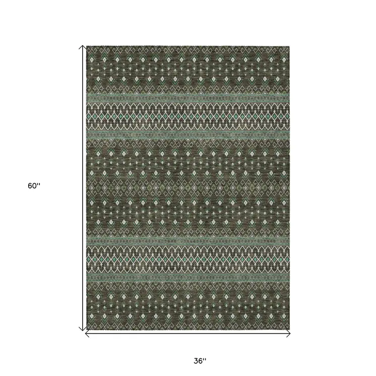 3' X 5' Brown Green And Olive Green Tribal Washable Indoor Outdoor Area Rug