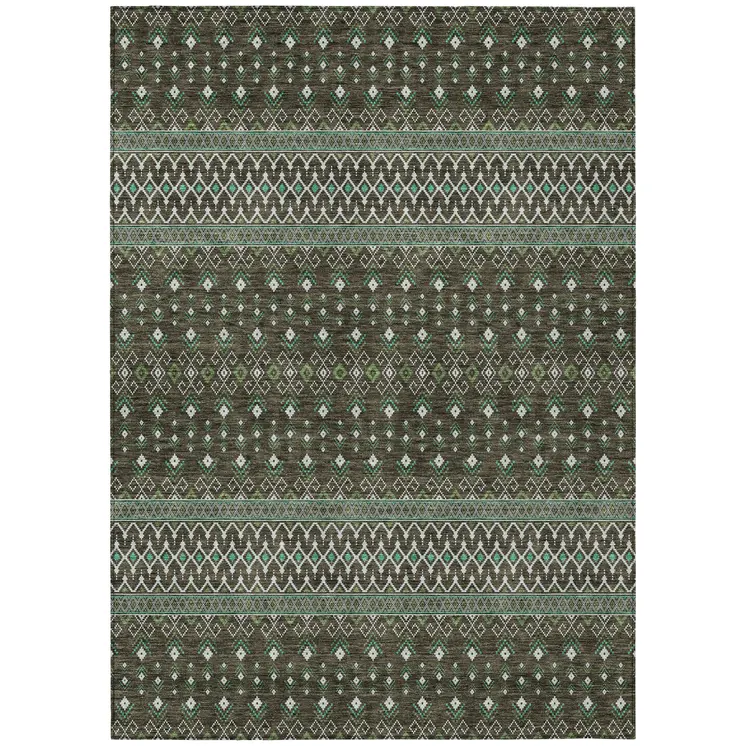 3' X 5' Brown Green And Olive Green Tribal Washable Indoor Outdoor Area Rug