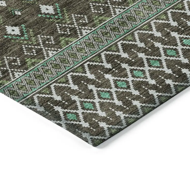 3' X 5' Brown Green And Olive Green Tribal Washable Indoor Outdoor Area Rug