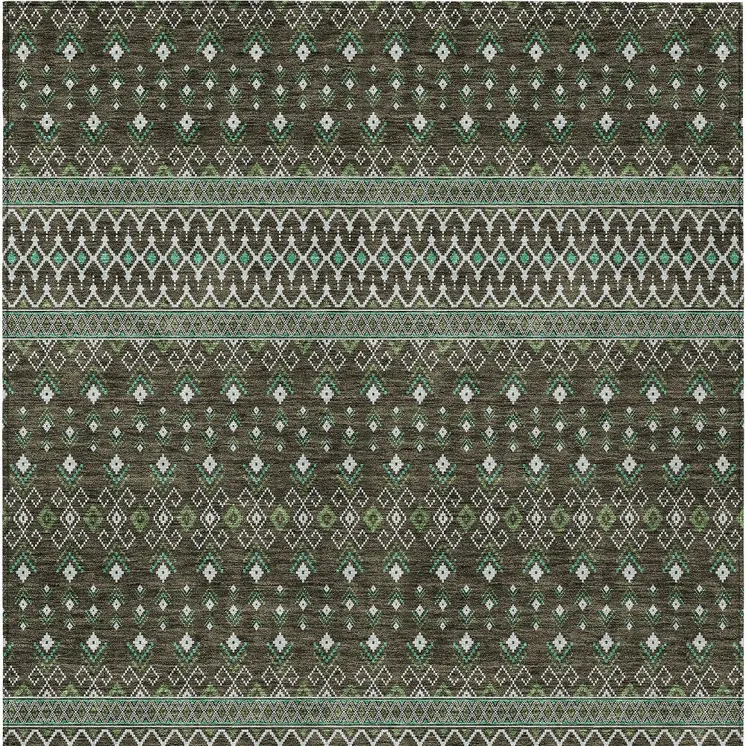 3' X 5' Brown Green And Olive Green Tribal Washable Indoor Outdoor Area Rug