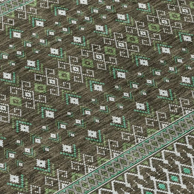 3' X 5' Brown Green And Olive Green Tribal Washable Indoor Outdoor Area Rug