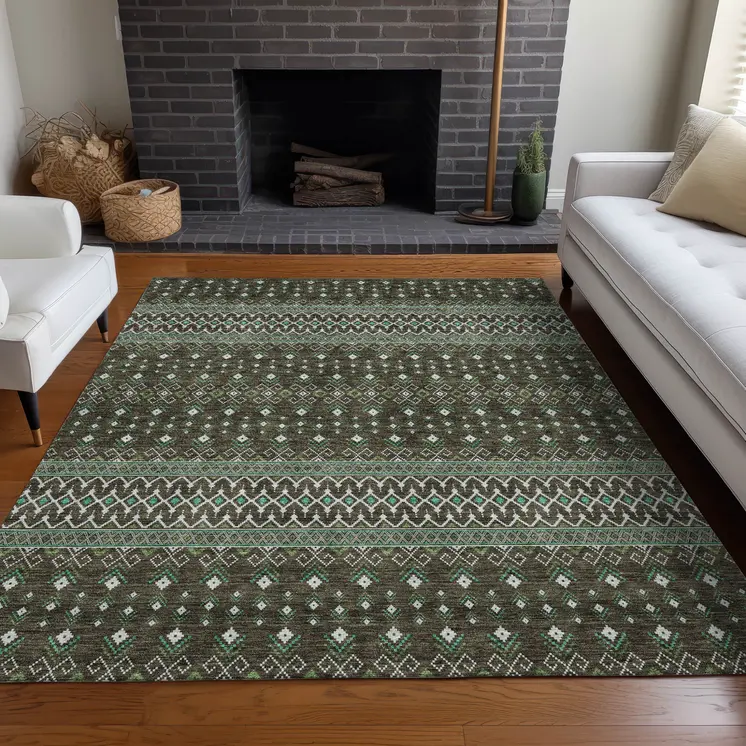 3' X 5' Brown Green And Olive Green Tribal Washable Indoor Outdoor Area Rug