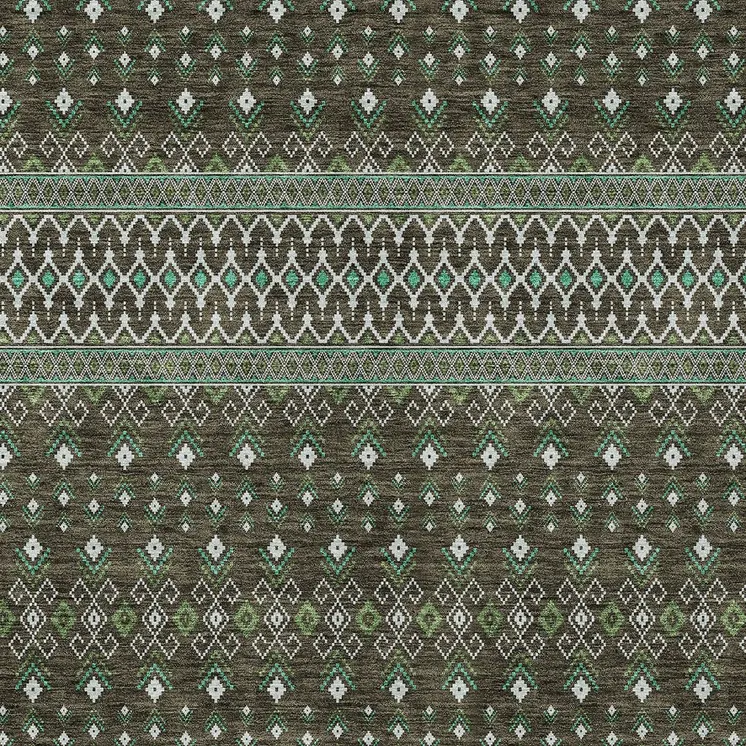 5' X 8' Brown Green And Olive Green Tribal Washable Indoor Outdoor Area Rug