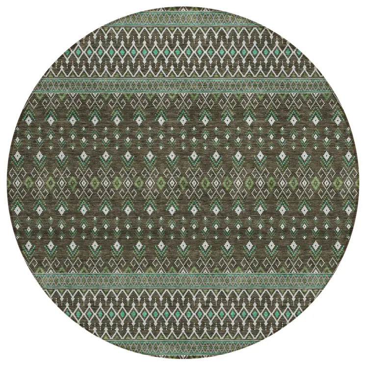 8' Brown Green And Olive Green Round Tribal Washable Indoor Outdoor Area Rug
