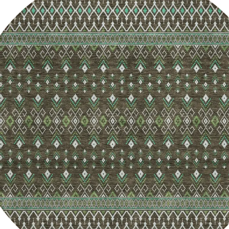 8' Brown Green And Olive Green Round Tribal Washable Indoor Outdoor Area Rug