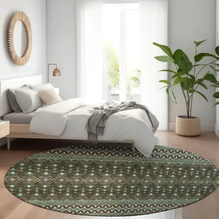 8' Brown Green And Olive Green Round Tribal Washable Indoor Outdoor Area Rug