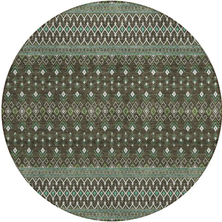 8' Brown Green And Olive Green Round Tribal Washable Indoor Outdoor Area Rug