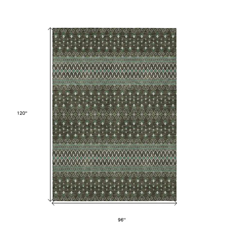 8' X 10' Brown Green And Olive Green Tribal Washable Indoor Outdoor Area Rug