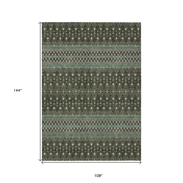 9' X 12' Brown Green And Olive Green Tribal Washable Indoor Outdoor Area Rug
