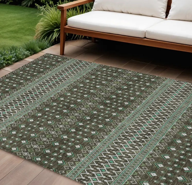 9' X 12' Brown Green And Olive Green Tribal Washable Indoor Outdoor Area Rug